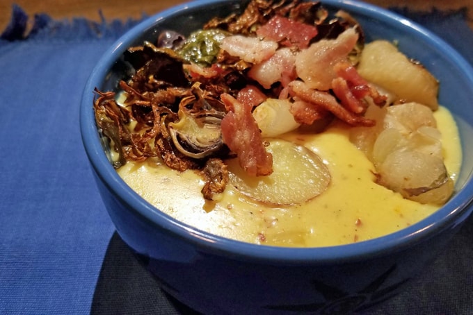 Easy Potato Turmeric Soup with Crispy Brussels Sprouts