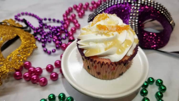 mardi gras cupcake with bourbon glaze