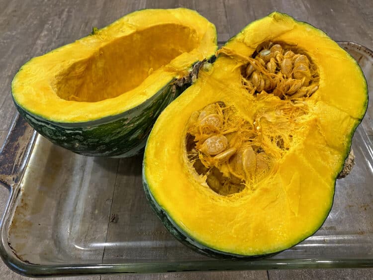 kabocha squash cut in half to roast