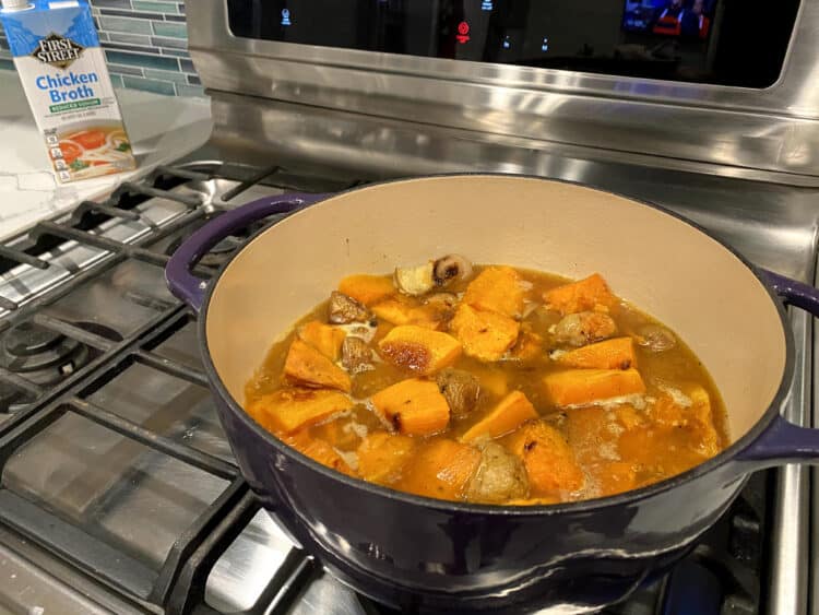 roasted vegetable soup on the stove