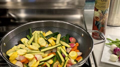 citrus veggie stir fry in hex clad wok pan