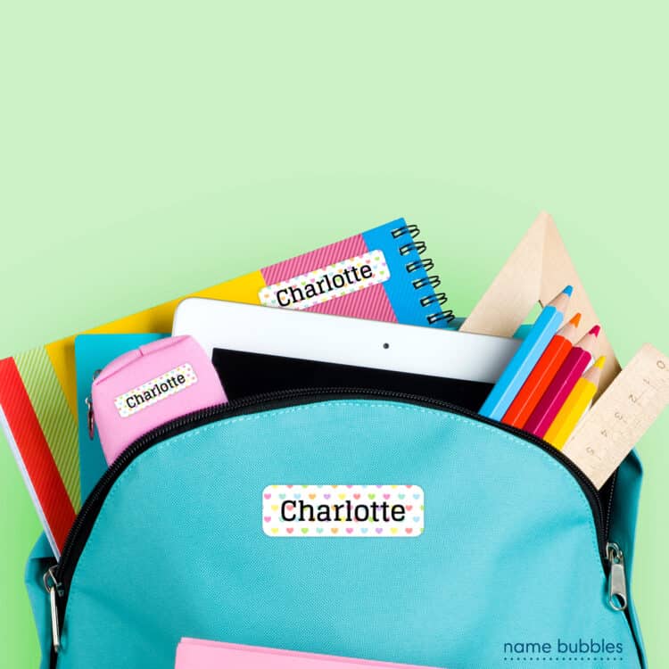 name labels for back-to-school products by name bubbles