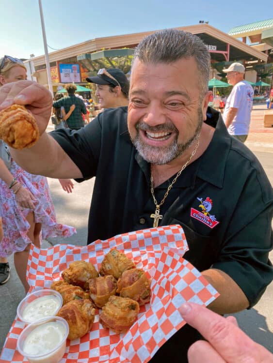 OC Fair Food with deep fried pickles wrapped in bacon