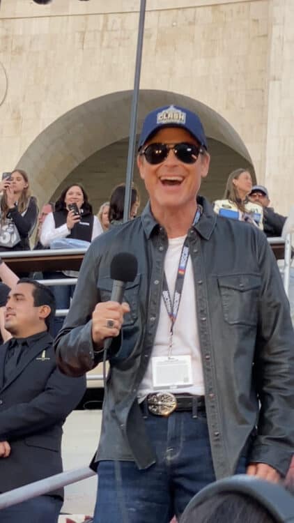 Rob Lowe grand marshal giving start your engines command at NASCAR Busch Light Clash LA Coliseum 2023
