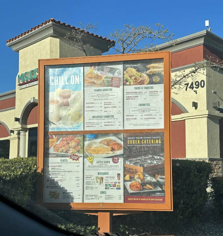 drive-thru menu at Miguel's Jr