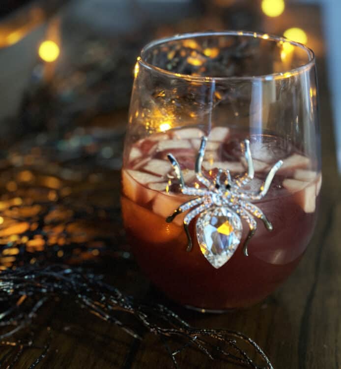 small batch spanish sangria recipe in a halloween glass