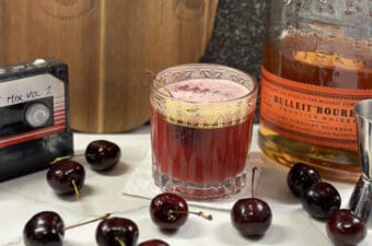 cherry bourbon sour cocktail recipe made with Bulleit Bourbon and Tasmina cherries