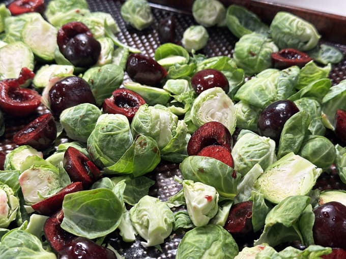 roasted brussels sprouts and cherries with feta cheese