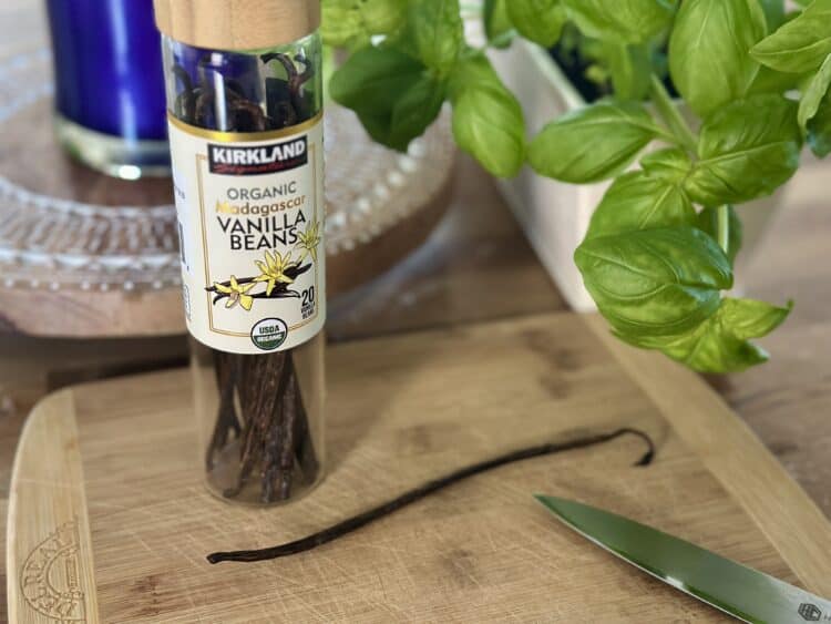 Kirkland organic vanilla bean on a cutting board