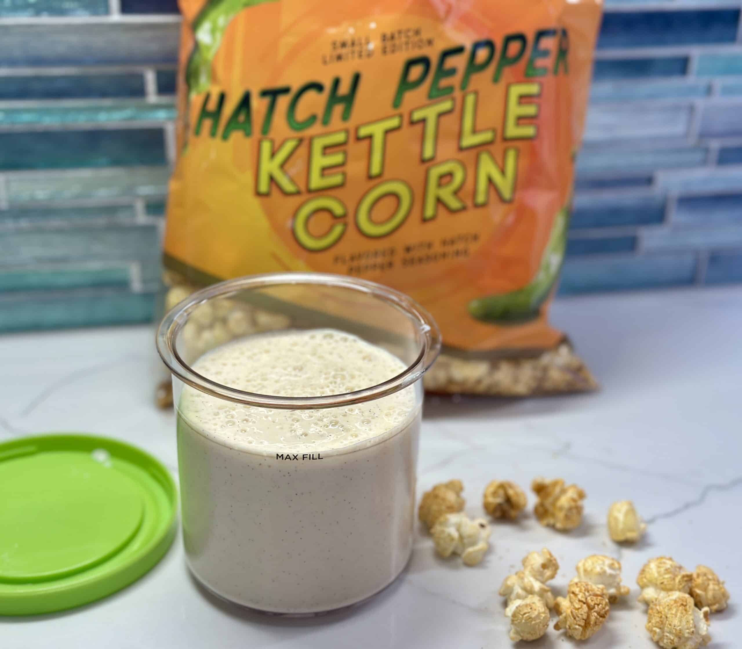 Ninja Creami high protein ice cream recipe with Melissa's Produce Hatch Pepper Kettle Corn infused into the fairlife milk