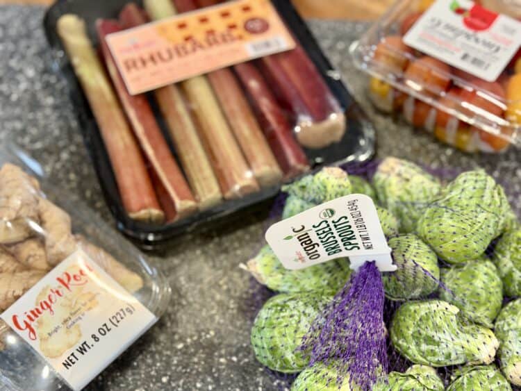 recipe ingredients, like Melissa's Produce rhubarb, fresh ginger and Brussels Sprouts and tomatoes