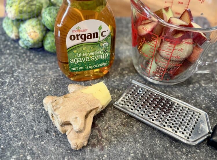 rhubarb sauce ingredients laid out on a cutting board