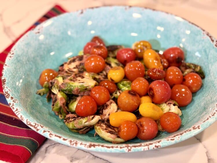 blistered tomato and rhubarb-glazed brussels sprouts recipe