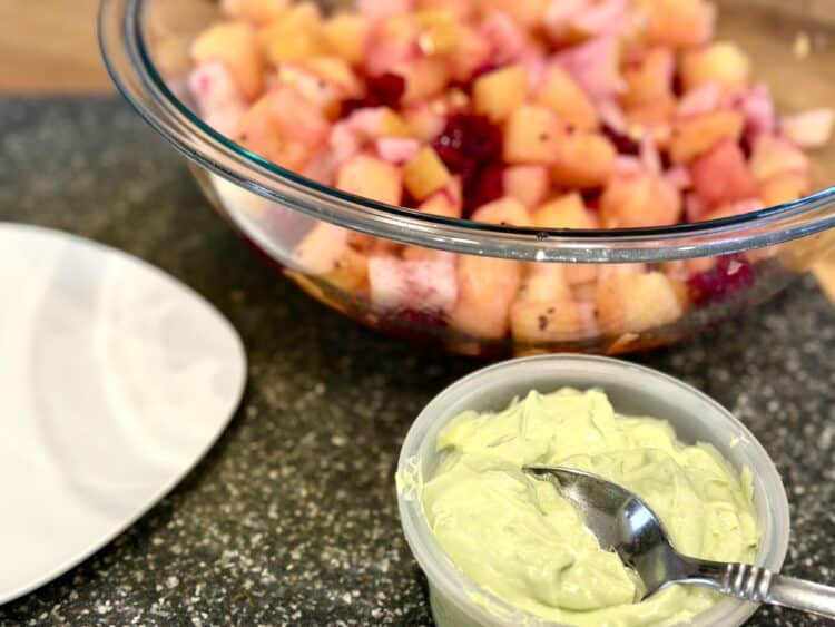 the end result of the Citrus Watermelon and Asian Pear salad, with the avocado crema on the side